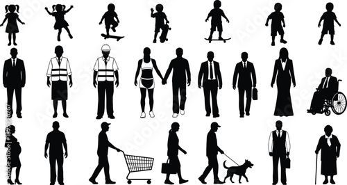 People silhouette collection showing children, adults, seniors, professions, daily activities, lifestyle stages, diversity, isolated black figures on white background