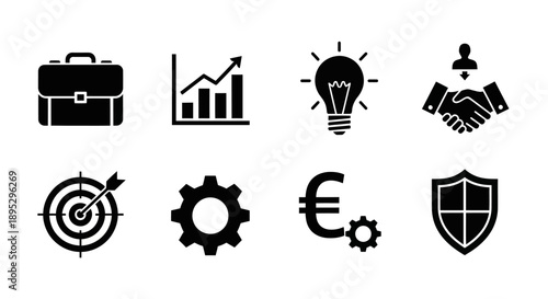 Collection of black silhouette icons representing business finance and strategy