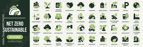 Net zero and sustainable fill icon collection. Includes sustainability, ecology, emission, energy, and climate symbols. Created in colored style with green palette