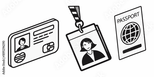 Identification Icons Set – Passport and ID Card Vector for Verification and Security.