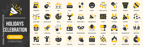 Holidays and celebration fill icon collection. Includes party, music, gifts, drinks, and festive activities. Created in colored style with yellow palette
