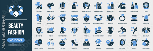 Beauty and fashion fill icon collection. Includes cosmetics, jewelry, style, beauty care, and accessories. Created in colored style with blue palette
