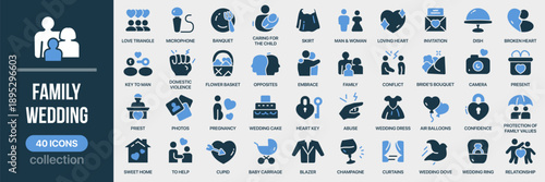 Family and wedding fill icon collection. Includes marriage, family, relationships, care, and celebration symbols. Created in colored style with blue palette