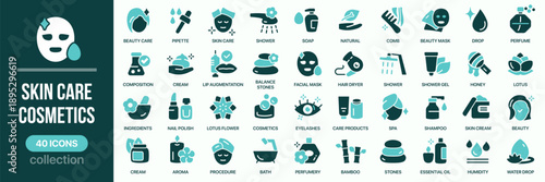 Skin care and cosmetics fill icon collection. Includes skincare routines, natural ingredients, spa, and beauty products. Created in colored style with turquoise palette