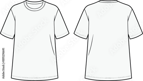 Blank white t-shirt technical sketch vector illustration front and back view template for fashion design apparel mock-up clothing outline isolated on white background.