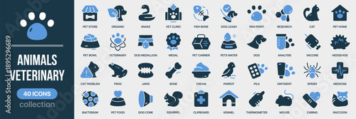 Animals and veterinary fill icon collection. Includes pets, veterinary care, medicine, and animal services. Created in colored style with blue palette