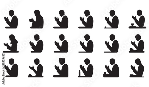 Diverse Muslim men and women praying in various positions, conveying prayer and worship