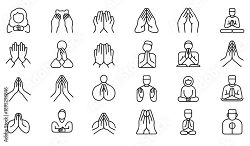 Prayer line icons set, such as namaste, praying hands, person meditating, salat, bowing, religious devotion