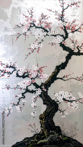 桜 Sakura 095 Exquisite Cherry Blossom Tree on Shimmering Silver Foil Background in Rinpa Style(煌めく銀箔背景に咲き誇る琳派様式の優美な桜の古木)