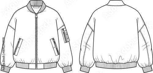 Bomber Jacket Technical Sketch Vector Illustration Front and Back View Fashion Flat Template for Men and Women Clothing Design CAD Mockup and Apparel Pattern