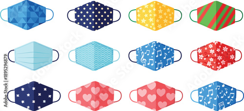 Colorful fabric face mask vector illustration set with various patterns like hearts stars and floral designs for protection and medical safety isolated on white.