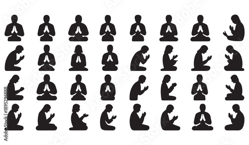 Prayer icons set, such as namaste, praying hands, person meditating, salat, bowing, and religious devotion