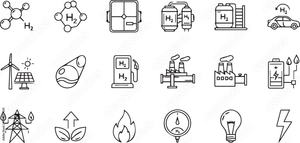Fototapeta premium Hydrogen H2 Energy Line Icons, Clean Tech Vector Set