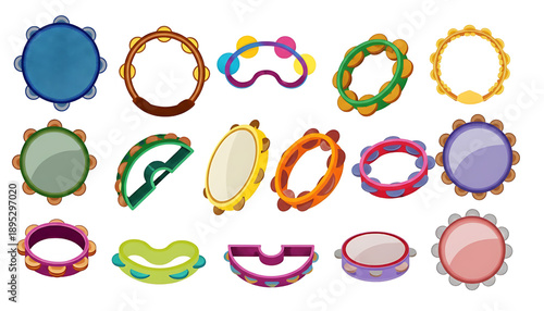 Set of Icons Tambourines Percussion Musical Instrument of Different Design. Bell Drum for Music and Carnival Performance. Bell Drum for Folk Music and Carnival Performance Design Elements Isolated, 