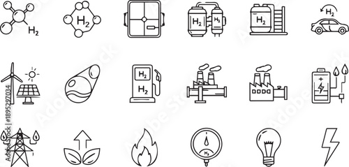 Hydrogen H2 Energy Line Icons, Clean Tech Vector Set