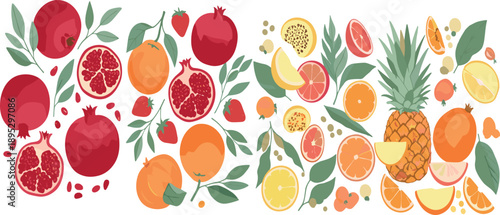 Fresh citrus and exotic fruits illustration collection featuring sliced fruits, berries and decorative green foliage