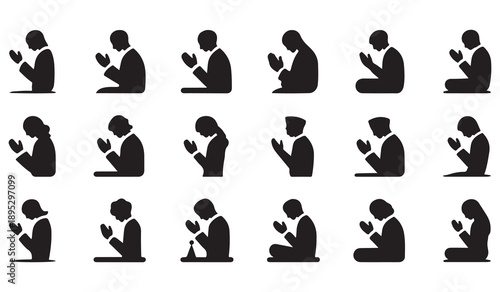 Prayer icons set, such as person meditating, salat, bowing, and religious devotion in various poses