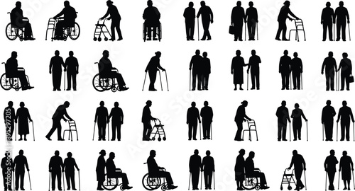 Elderly people silhouette vector illustration set featuring senior citizens using wheelchairs walkers and canes for disability healthcare and geriatric nursing care concept design.