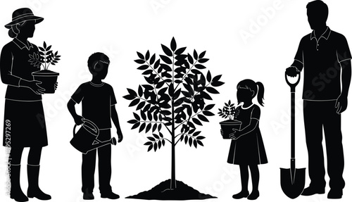 Family gardening silhouettes planting tree together, parents and children caring for plants, eco friendly lifestyle concept, nature conservation illustration isolated on white background