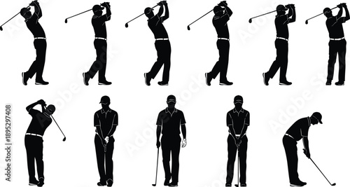 Golfer swing sequence silhouettes set showing full golf swing motion, putting stance, driver action, sports technique collection isolated on white background vector illustration