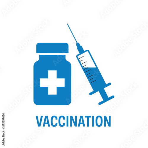 Blue vaccination icon depicting a vial and syringe with text below