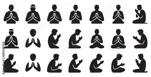 Religious people praying collection silhouettes representing different faiths and prayer gestures of mankind