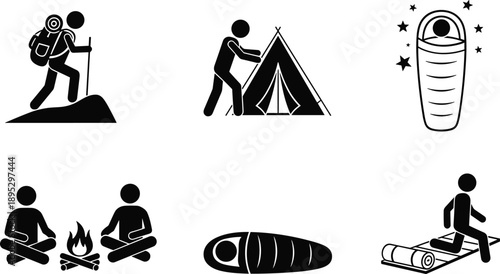 Hiking and camping icons set featuring stick figures hiking setting up tent sleeping in bag and sitting by campfire isolated on white background.