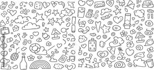 Cute black and white doodles illustration set featuring abstract shapes, love symbols, music notes and cartoon icons
