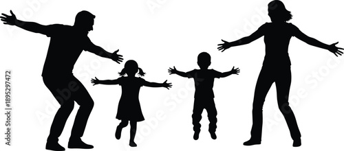 Happy family silhouette of parents and children with open arms running toward each other isolated on white background for love and togetherness concept.Happy family silhouette of parents and 