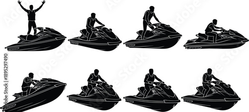 Jet ski rider silhouette vector illustration set showing personal watercraft action poses for summer vacation water sports and tropical beach resort activity design elements.
