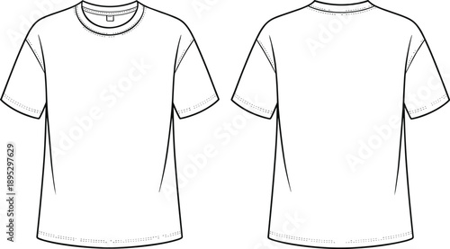 Oversized white t-shirt technical sketch vector illustration with drop shoulder front and back view template for street wear fashion design apparel clothing mockup.
