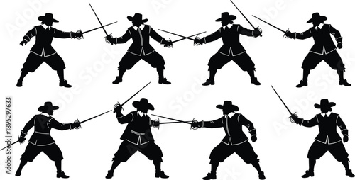 Musketeer swordsman silhouette vector illustration set featuring medieval warriors with rapiers in fencing combat poses isolated on white background for historical adventure design.