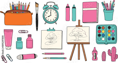 Hand drawn art supplies illustration set with pencils, paint tools, sketchbook, easel and stationery objects
