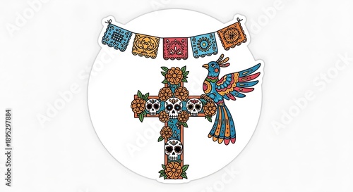 Colorful Cross with Bird and Banner.