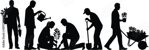 Silhouette of people gardening and planting trees together in a community garden with wheelbarrow watering can and shovel isolated on white background for spring.