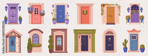Hand Drawn Vintage Front Wooden Doors Vector Set, Retro House and Apartment Entrances, Exterior Home Entrance Illustration Collection Featuring Closed Wooden Doors in Classic Style