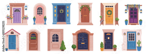 Hand Drawn Vintage Front Wooden Doors Vector Set, Retro House and Apartment Entrances, Exterior Home Entrance Illustration Collection Featuring Closed Wooden Doors in Classic Style
