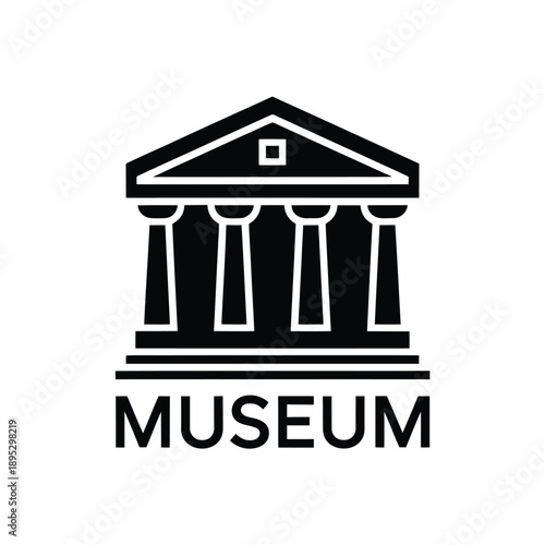 A black and white illustration depicts a classical museum building facade