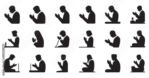 People praying gesture icon set, various body positions for worship and spiritual practice flat silhouette