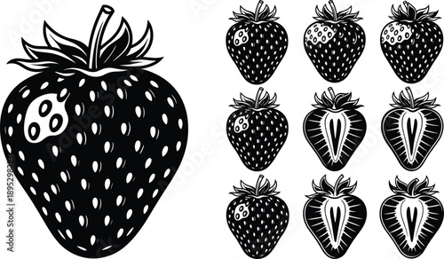 Strawberry vector illustration set featuring whole and half cut berries with seeds and leaves silhouette for food packaging garden harvest and healthy dessert design.