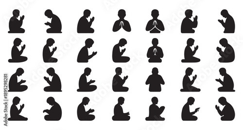 Collection of praying people silhouettes in various poses and religions for spiritual practices