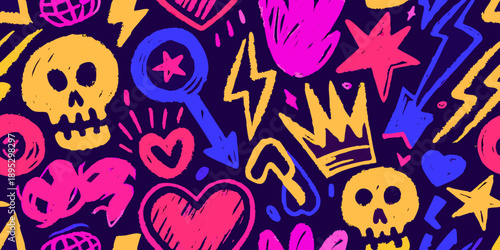 Colorful doodle pattern featuring skulls hearts lightning bolts and crowns