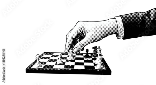 A hand in a suit moves a chess piece on a chessboard in a game of strategy and skill.