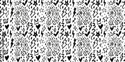 Chaotic black and white doodle pattern with stars lightning and symbols