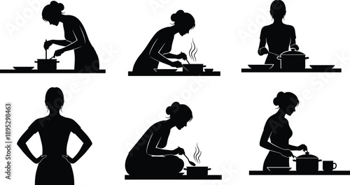 Woman cooking in kitchen silhouette vector illustration set showing female chef preparing food boiling pot and tasting meal isolated on white background for culinary.