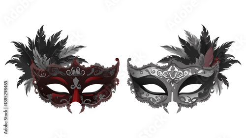 Gothic style masquerade masks, deep crimson and obsidian black, raven feathers, silver lace patterns, dark fantasy aesthetic, sharp focus.