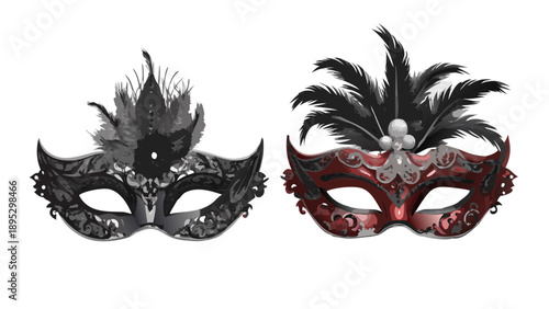 Gothic style masquerade masks, deep crimson and obsidian black, raven feathers, silver lace patterns, dark fantasy aesthetic, sharp focus.