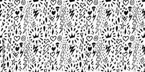 Black and white chaotic pattern of hearts stars and lightning bolts