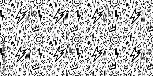 A chaotic black and white doodle pattern featuring hearts crowns stars and lightning