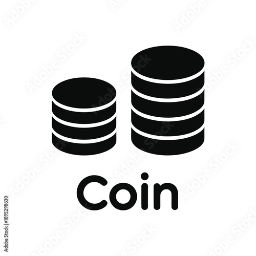 Black and white illustration depicting two stacks of coins with the word coin